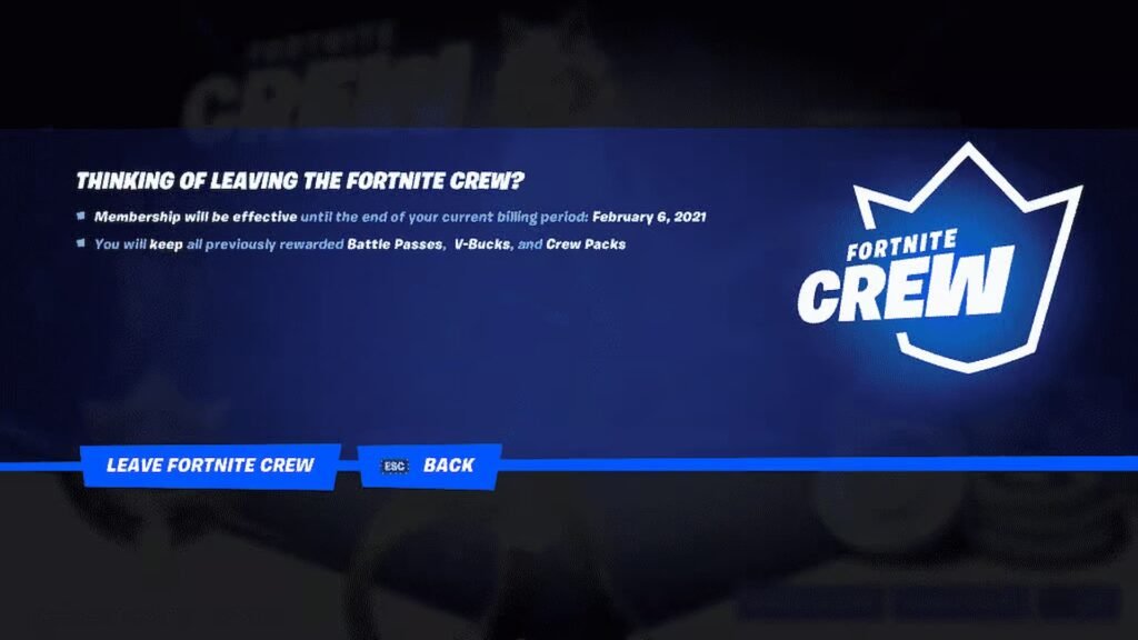 Fortnite Crew cancellation screen.