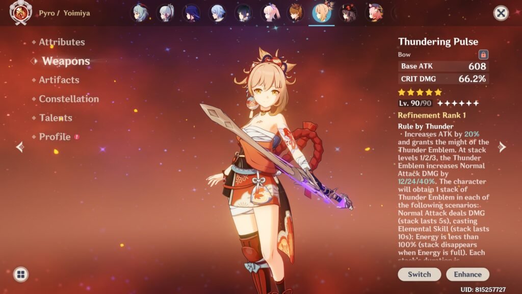 The weapon section for Yoimiya in Genshin Impact