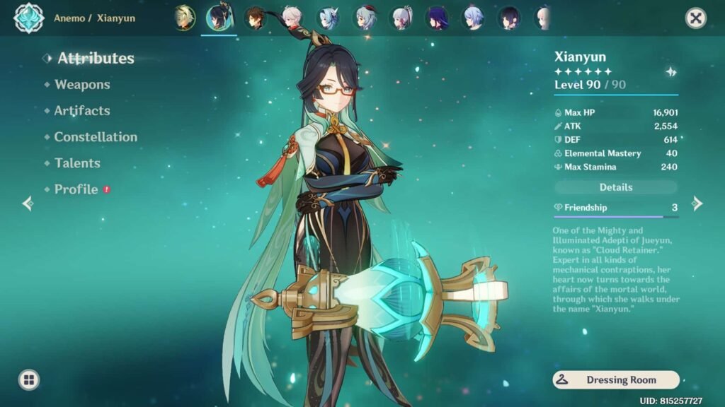 This section talks about Xianyun's artifacts