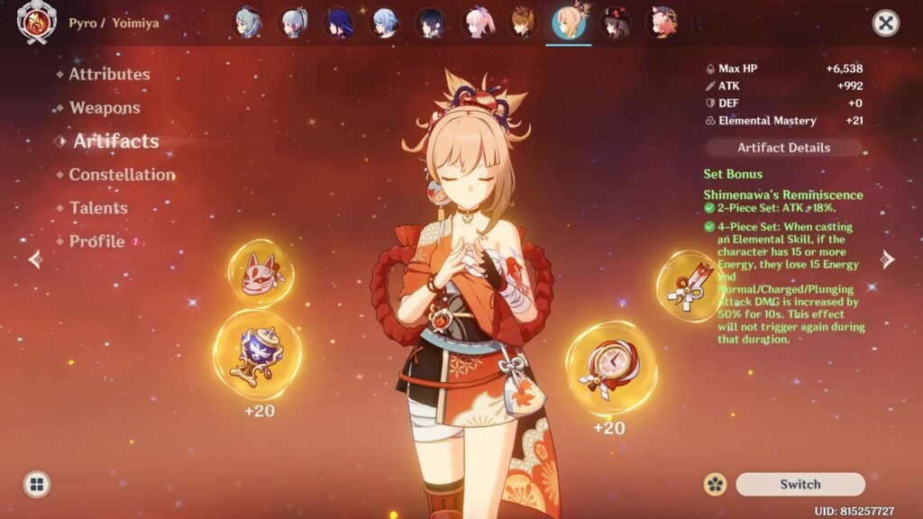 Yoimiya's artifact loadout section in Genshin Impact