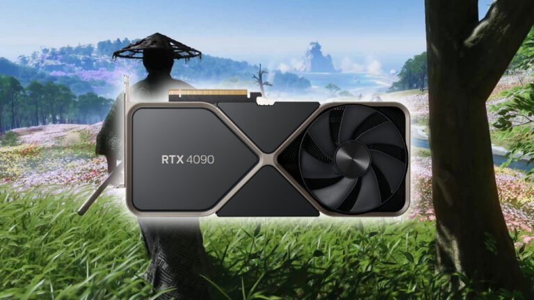 an image of RTX 4090 over Ghost of Tshushima background