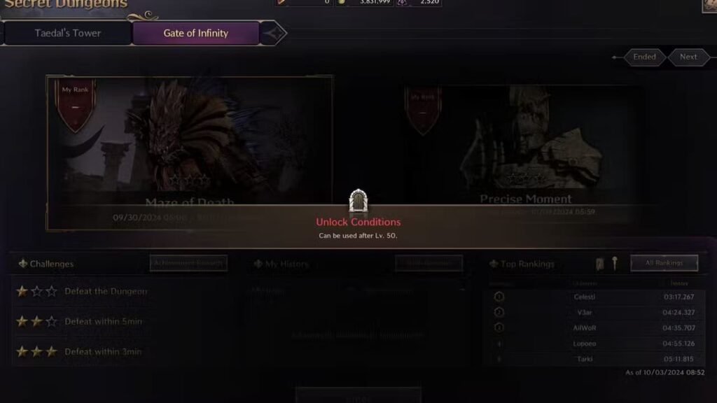 Gate of Infinity Secret Dungeon unlock conditions