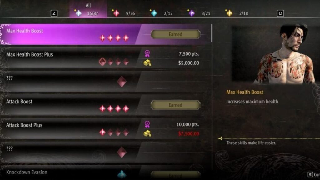 Majima's Health and Attack boost skill in Yakuza Pirate